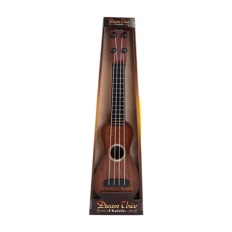 Brown wooden ukulele with black tuning pegs and white strings in display packaging.