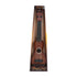Brown wooden ukulele with black tuning pegs and white strings in display packaging.