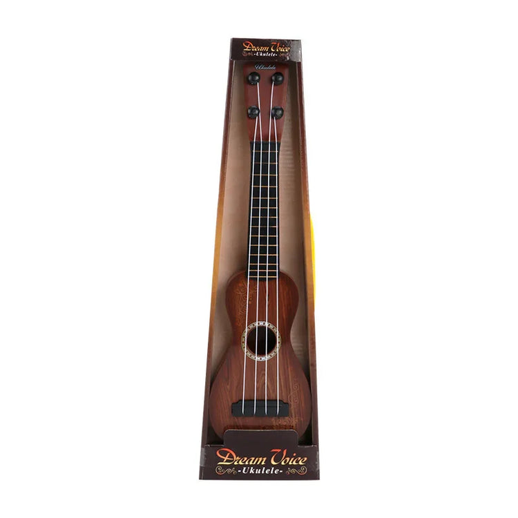 Brown wooden ukulele with black tuning pegs and white strings in display packaging.