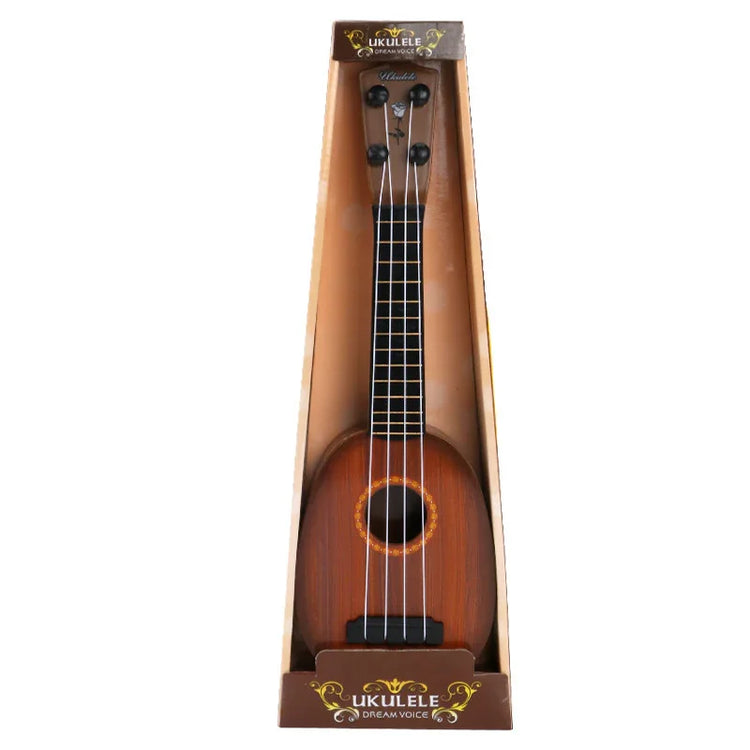 Brown wooden ukulele with black fretboard in gift box packaging