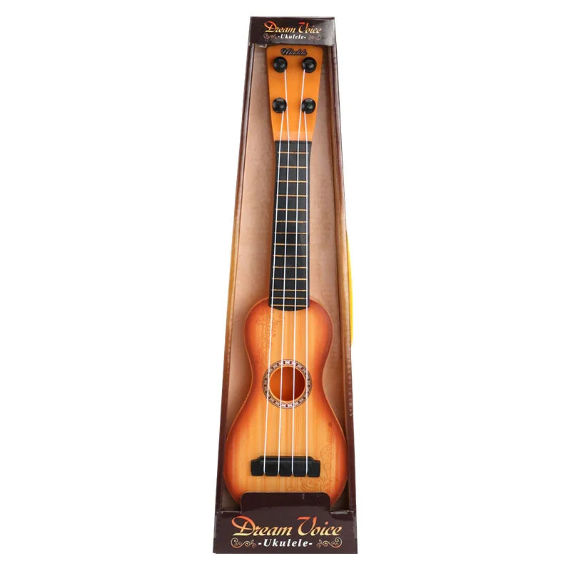 Sunburst wood ukulele with black fretboard and four strings in packaging, musical instrument.