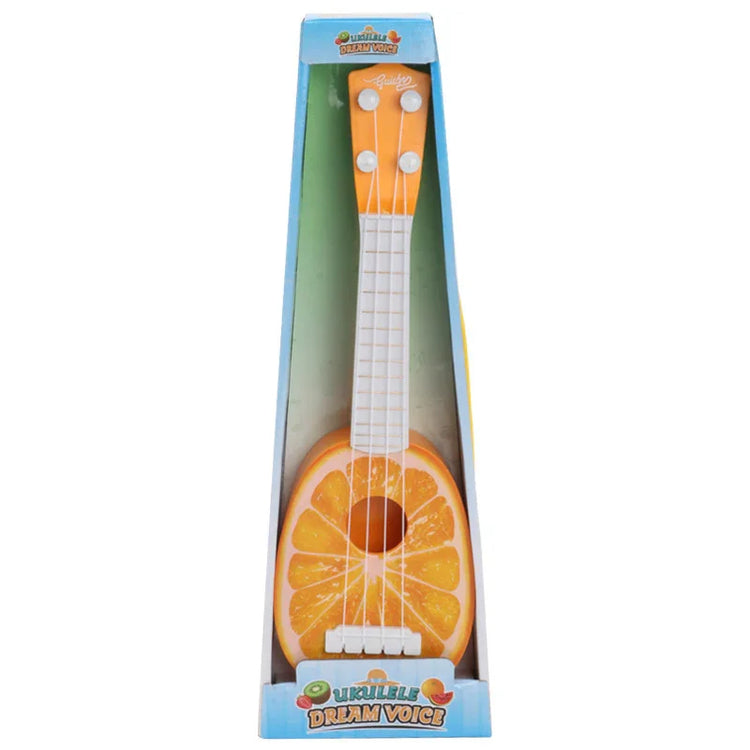 Toy ukulele with orange slice design and white strings in display packaging