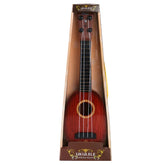 Red wooden ukulele with four strings displayed in a box, gloss finish, and black fretboard.