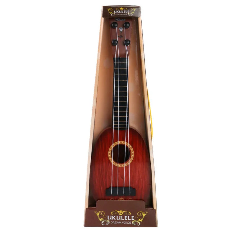 Red wooden ukulele with four strings displayed in a box, gloss finish, and black fretboard.
