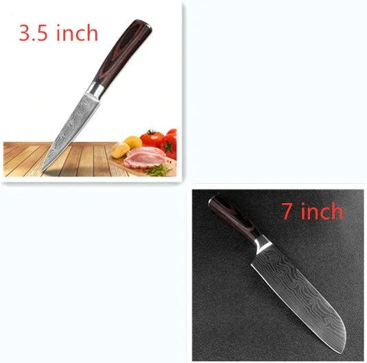 Two kitchen knives with dark wooden handles and patterned steel blades, 3.5 inch and 7 inch sizes.