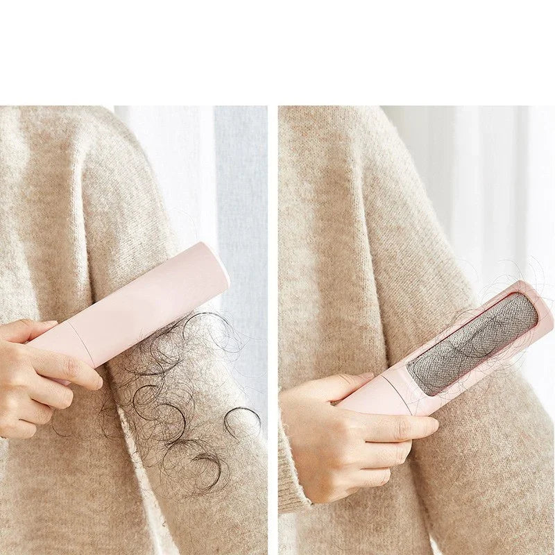 Beige oversized knit sweater with relaxed fit, shown being cleaned with a lint remover.