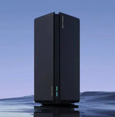 Sleek black tech device with futuristic design standing upright on reflective surface
