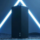 Futuristic black tech device with matte finish and LED lights, minimal geometric setting