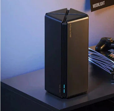 Modern black tech accessory with a sleek, vertical design and LED light on a desk