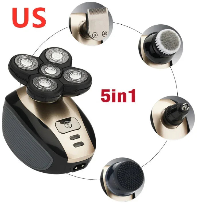 5-in-1 electric grooming kit with black and gold shaver, multiple detachable heads