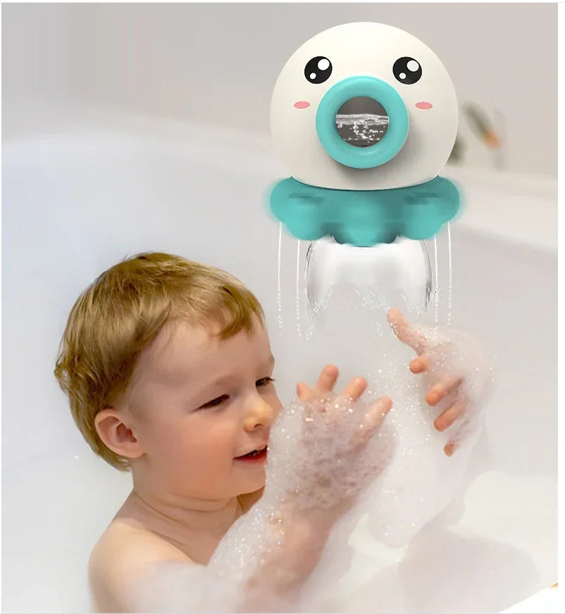 Child playing with cute octopus-shaped bath toy, teal and white plastic, in bubble bath