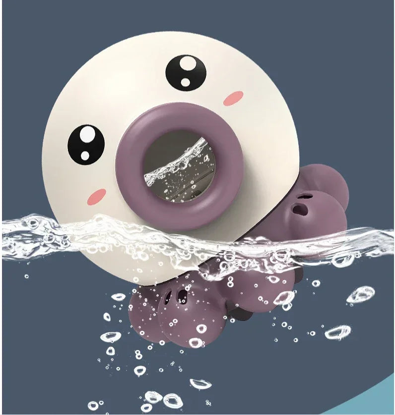 Cute purple and white octopus toy with big eyes floating in water, playful bath accessory
