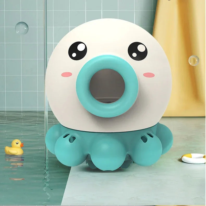Cute blue and white octopus-shaped bath toy with cartoon face in tiled bathroom setting