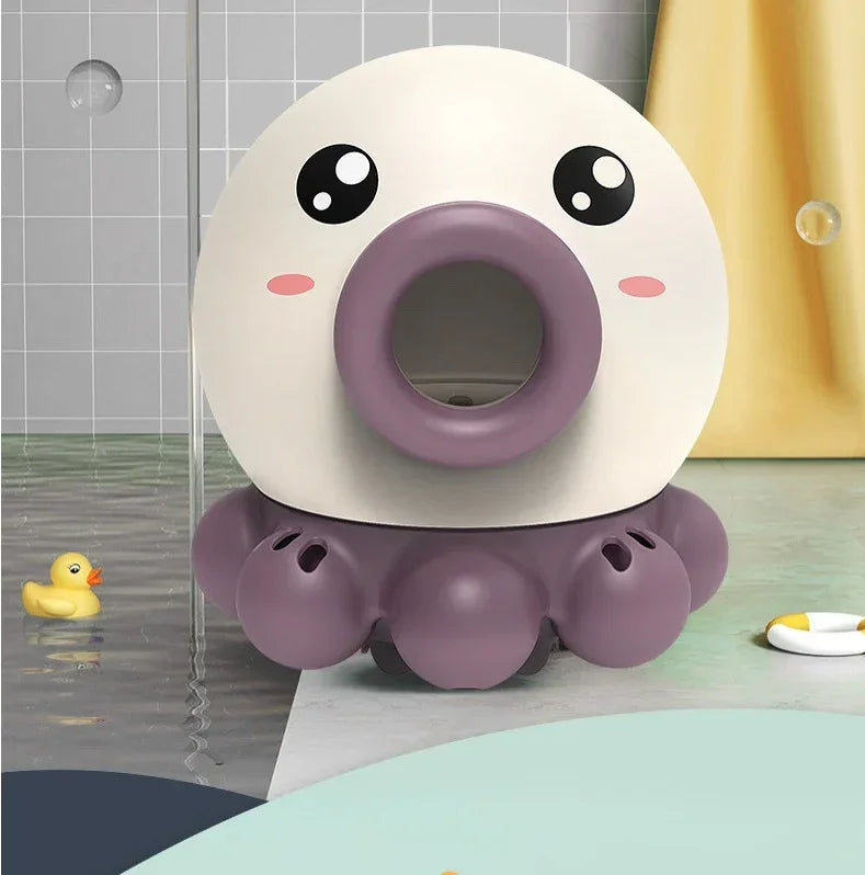 Cute purple and white octopus-shaped toy with cartoon eyes, in a modern bathroom setting.