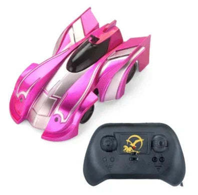 Futuristic pink and silver remote control car with black wireless controller