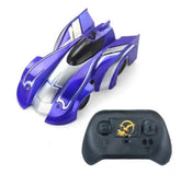 Futuristic purple and silver remote-controlled toy car with aerodynamic design and black controller