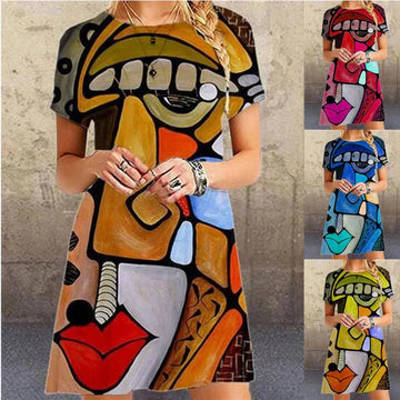 Women’s short sleeve A-line dress with bold abstract face print in multicolor options, casual fit