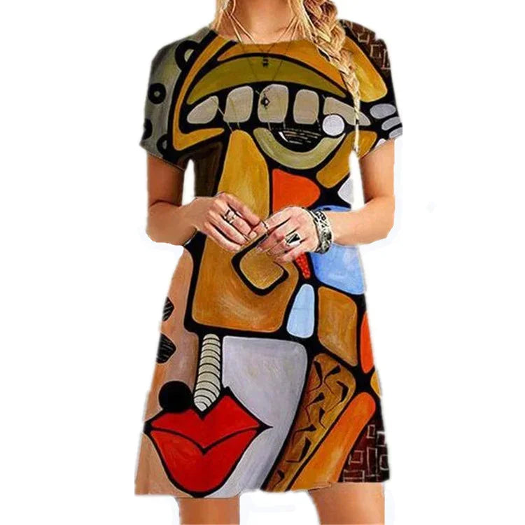 Woman wearing a short-sleeve, loose-fit dress with bold abstract art pattern in vibrant colors