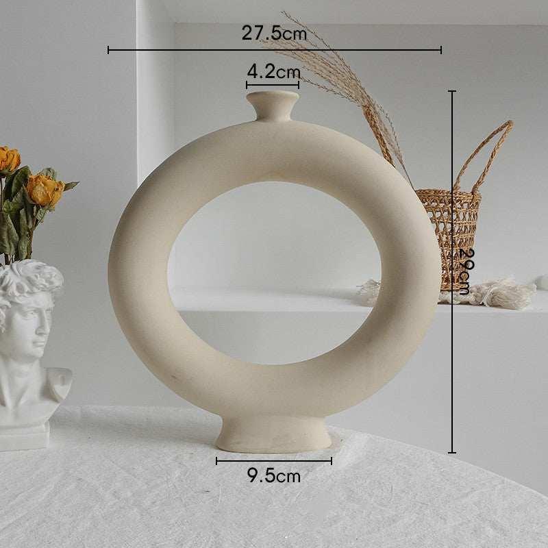 Minimalist round ceramic vase in beige with matte finish, modern home decor, size shown