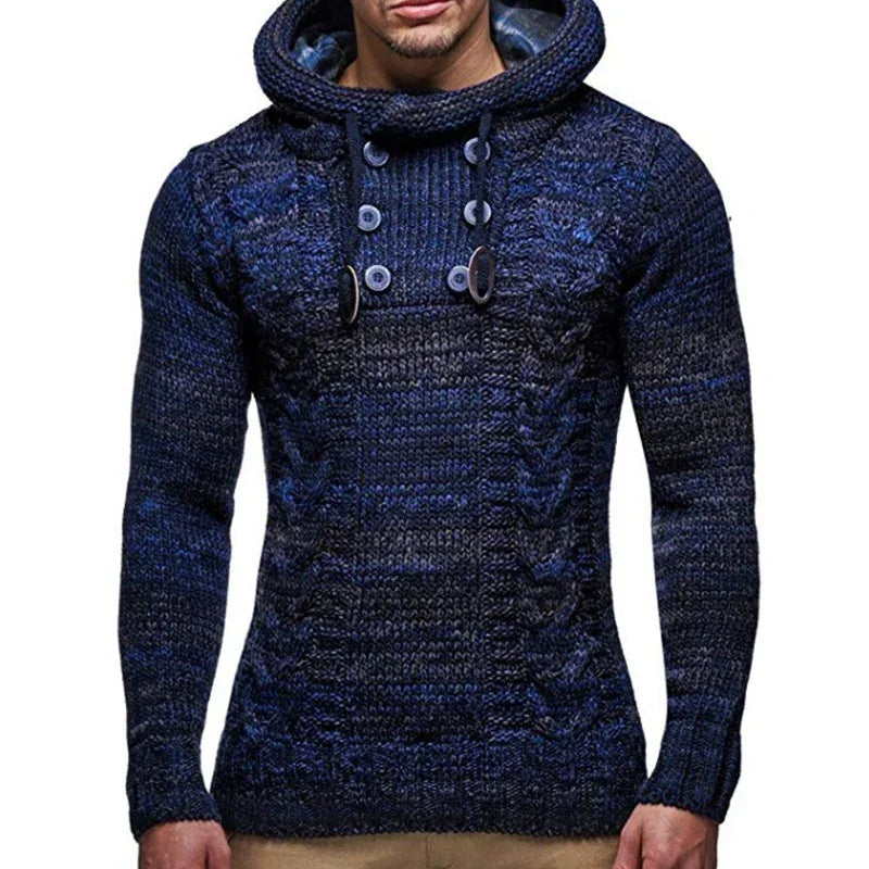 Men's fitted navy blue knit hooded sweater with button accents and chunky texture