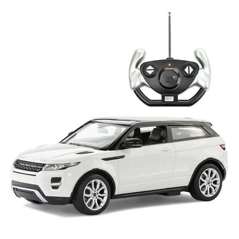 White remote control SUV model car with black trim and a silver-black handheld controller.