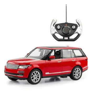Red remote control SUV car model with modern black and silver controller, glossy finish