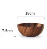 Round wooden bowl with smooth finish, 18cm wide and 7.5cm tall, minimalist design.