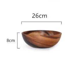 Round wooden bowl, smooth finish, brown color, 26cm diameter, 8cm height.