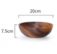 Round wooden bowl, 20cm diameter, 7.5cm height, smooth dark wood finish.