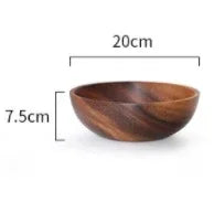 Round wooden bowl, 20cm diameter, 7.5cm height, smooth dark wood finish.