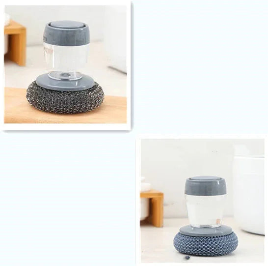 Grey ergonomic dish scrubber with soap dispenser and metal mesh and sponge pads