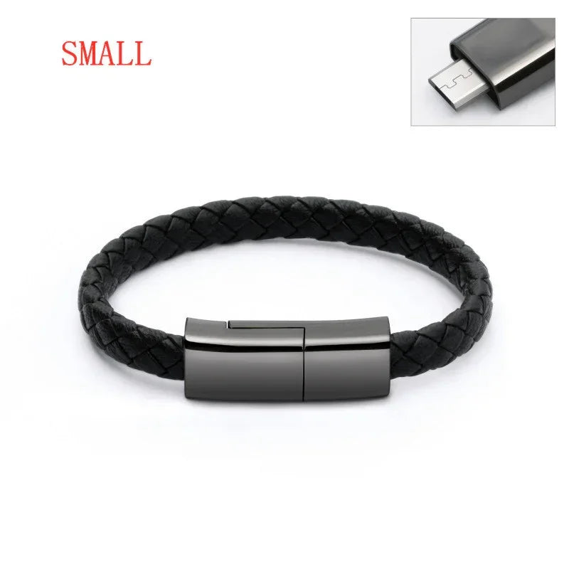 Small black braided leather bracelet with metal clasp and built-in USB connector
