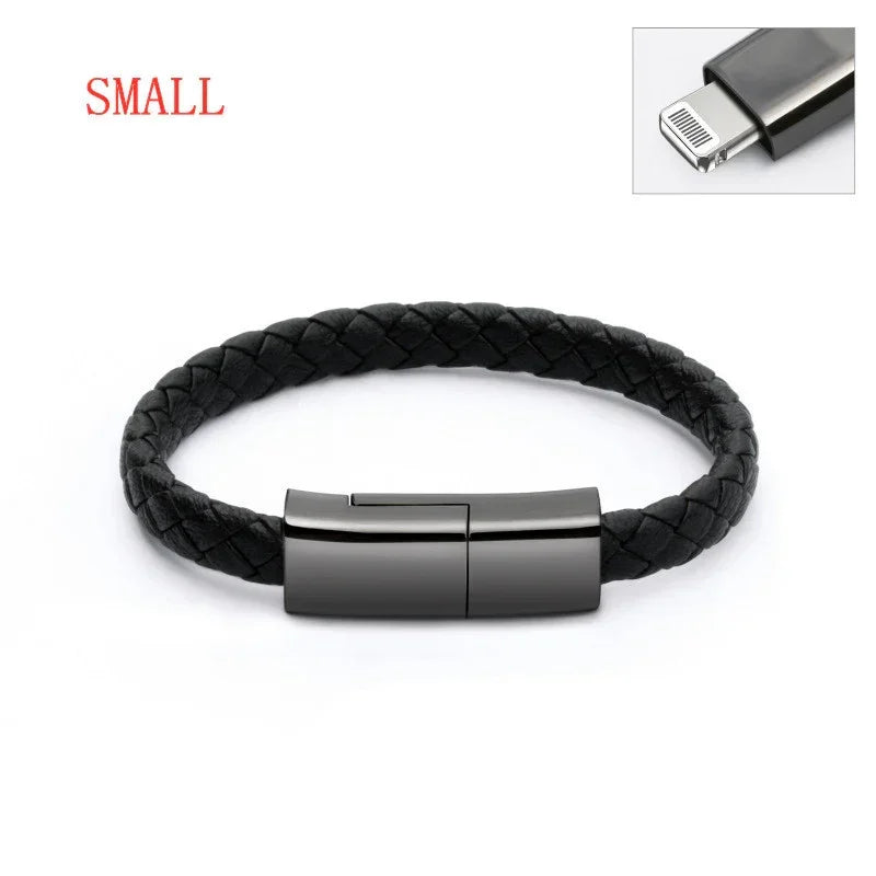 Black braided leather bracelet with matte metal clasp, features hidden charging connector, small size.