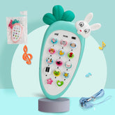 Cute carrot-shaped toy phone with bunny ears, colorful animal buttons, and lanyard included.