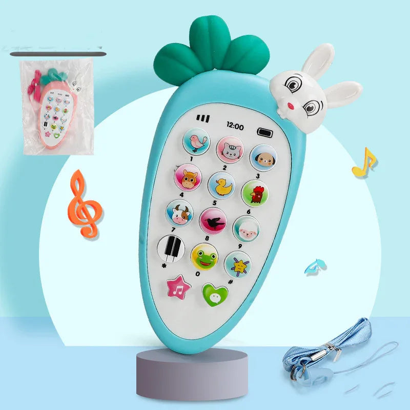 Cute blue and white carrot-shaped toy phone with animal buttons and bunny detail, playful design