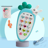 Cute blue and white carrot-shaped toy phone with animal buttons and bunny detail, playful design