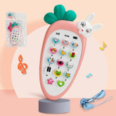 Pink and white carrot-shaped toy phone with animal buttons and a rabbit design, for kids.