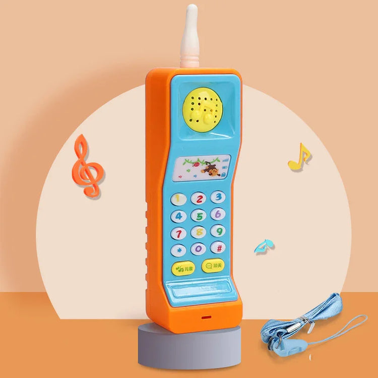 Colorful plastic toy phone with orange and blue casing, large buttons, and attached lanyard