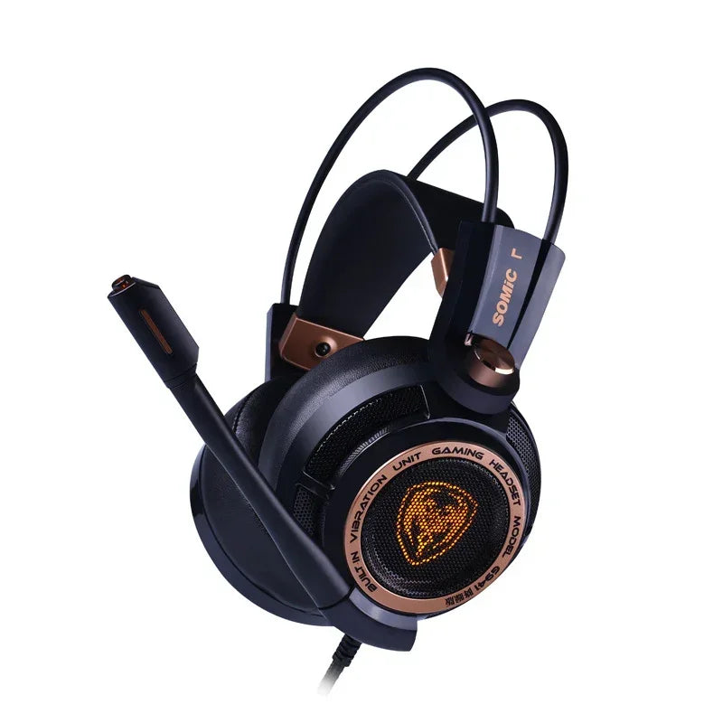Black and bronze over-ear gaming headset with LED lighting and padded adjustable headband