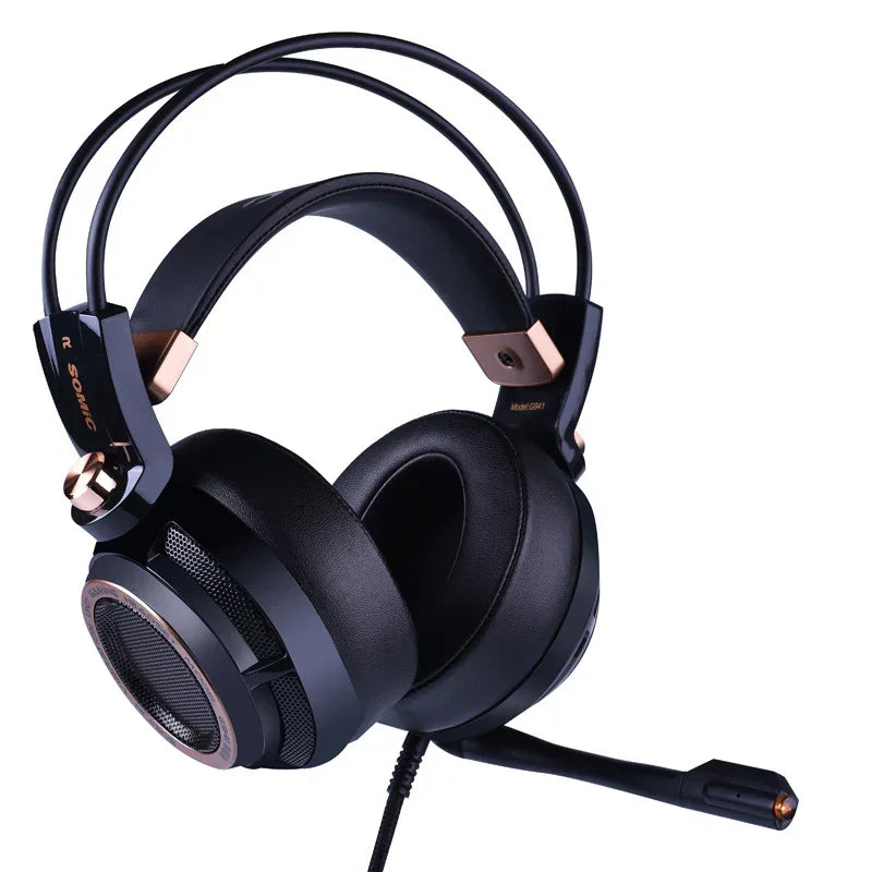 Black over-ear gaming headset with cushioned ear pads, adjustable headband, and built-in microphone.