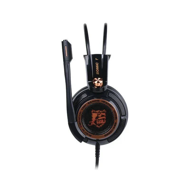 Black and orange over-ear wired gaming headset with built-in microphone and mesh earcups.