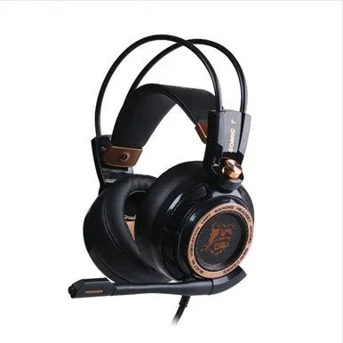 Black and copper over-ear gaming headset with cushioned ear pads and adjustable headband