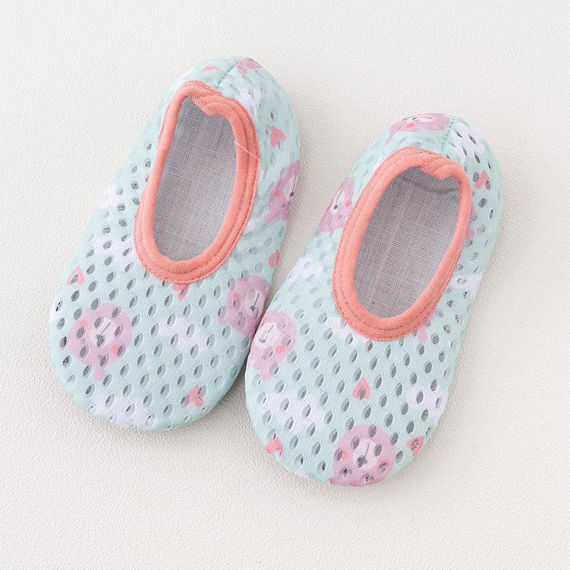 Light blue mesh slip-on socks with pink trim and cartoon animal print, breathable fabric