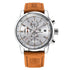 Silver chronograph watch with brown leather strap and multiple subdials