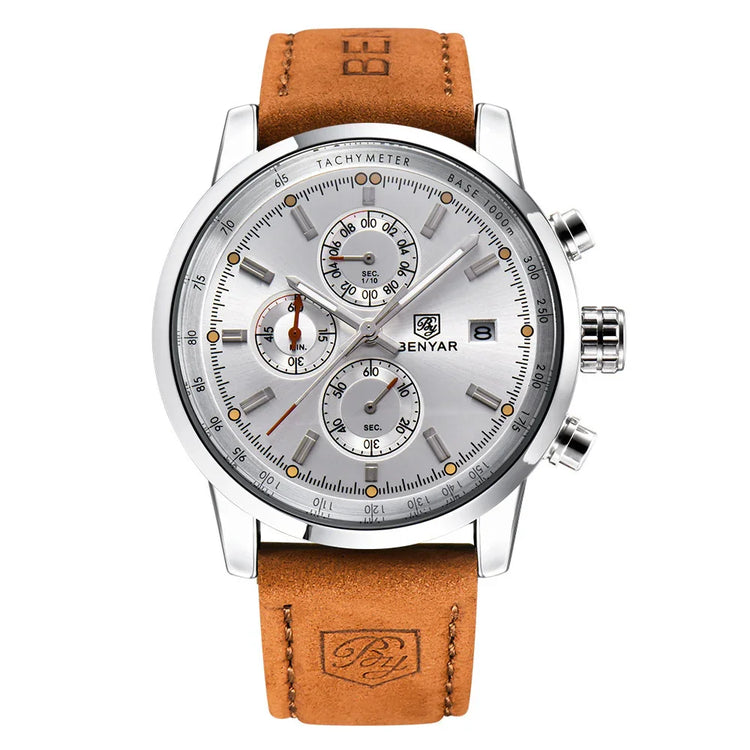 Silver chronograph watch with brown leather strap and multiple subdials