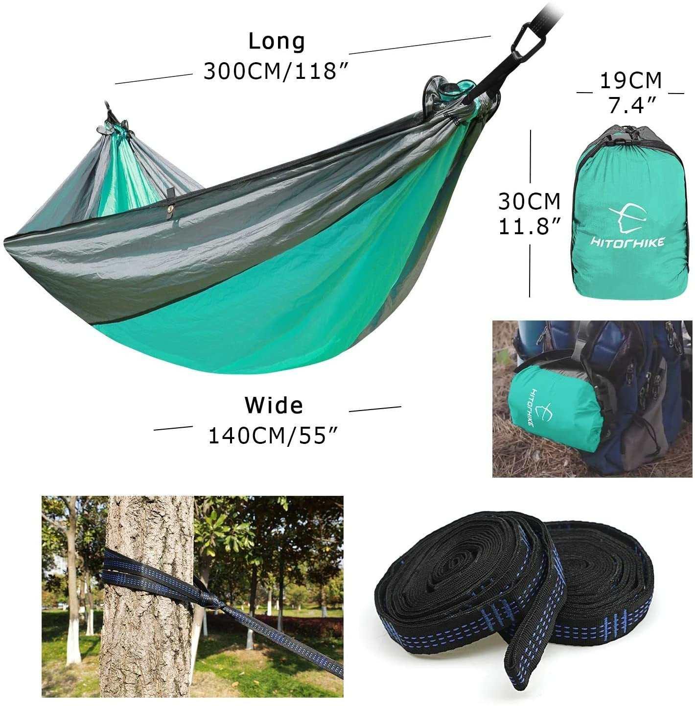Lightweight teal and gray nylon hammock, compact pack, sturdy straps, outdoor-ready fit.