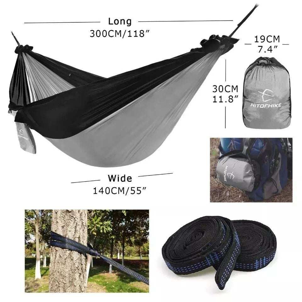 Lightweight black and gray hammock with straps, compact storage bag, outdoor setup.