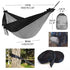 Lightweight black and gray hammock with straps, compact storage bag, outdoor setup.