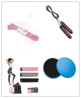 Assorted fitness gear including pink jump rope, black foam-handled skipping rope, resistance bands, blue exercise sliders, and a woman in grey athletic leggings