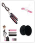 Set of fitness accessories including resistance bands, jump rope, and black workout sliders, shown with a woman in form-fitting athletic wear.